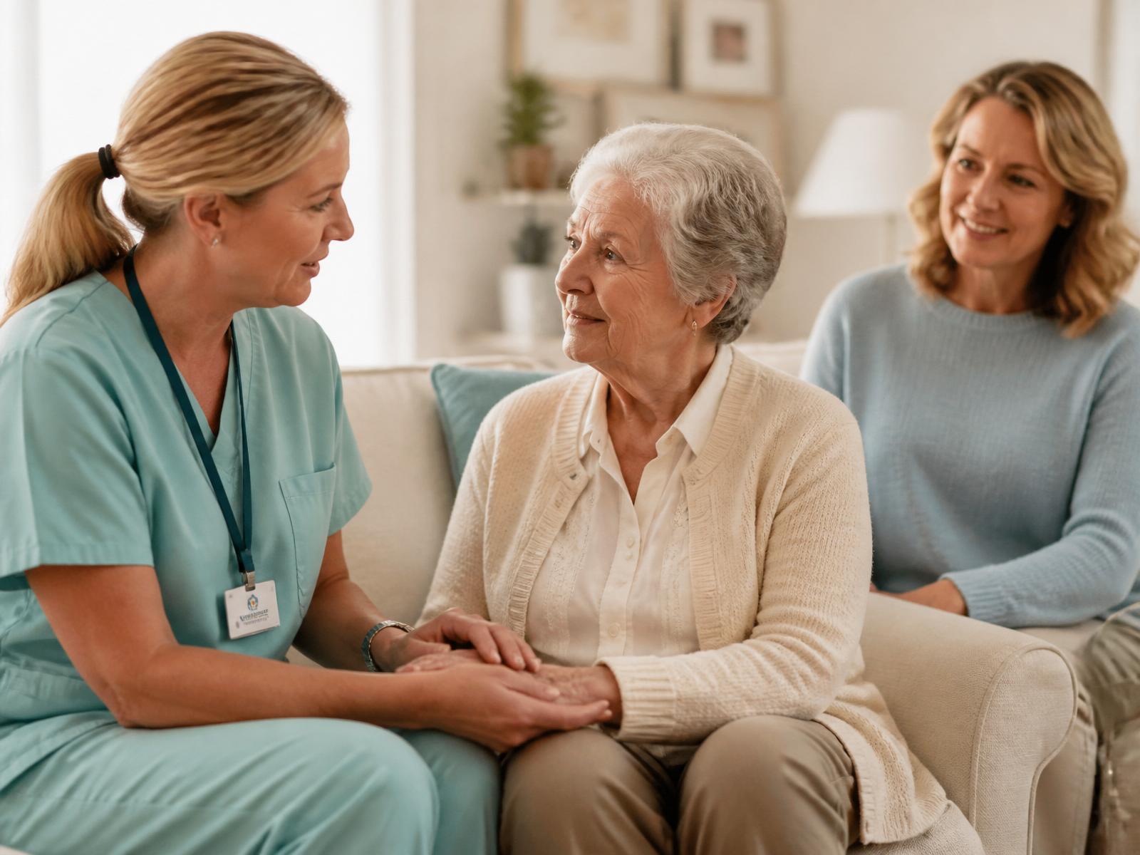 אחות אוחזת בעדינות ביד קשישה בסלון ביתה, בת משפחה משתתפת מהצד